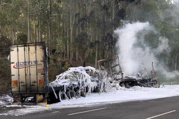 Two road-side workers were injured in a fiery truck crash on the NSW Central Coast.