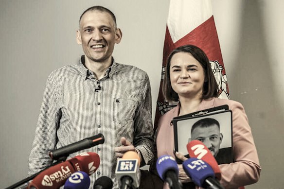 Belarusian opposition leader, Sviatlana Tsikhanouskaya, right, and her husband, Syarhei Tsikhanousk, were reunited on June 22. He spent five years in a Belarus prison as a political prisoner.  