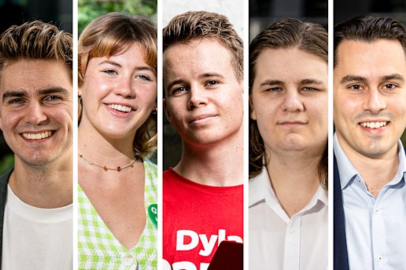 Young Sydneysiders gave their thoughts on Liberal and Labor housing policies: Matthew Thrum, Greens councillor Bonnie Harvey, Labor councillor Dexter Gordon, Zachary Moore, and Liberal councillor James Ardouin. 