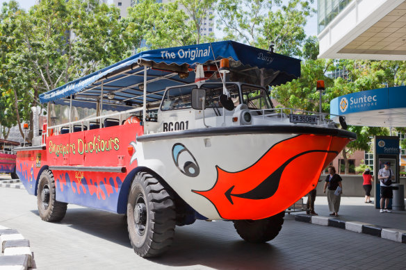 The Singapore version of the Duck Tour splashes into Marina Bay.