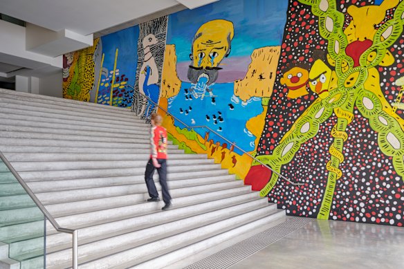 John Prince Siddon’s new mural, Worra Munga! Ernie and Bert Dreamtime voice, in the MCA foyer.