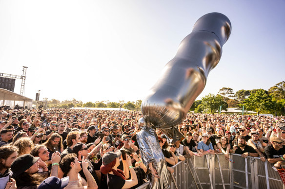 The crowd reacts to a performance by TISM at Good Things.