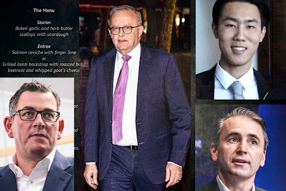 Anthony Albanese, Felix Lee, the menu from the dinner and Daniel Andrews.