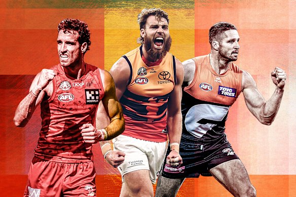 Gold Coast’s Ben King, Adelaide’s Riley Thilthorpe and Jesse Hogan, of GWS, are leading the race for the 2025 Coleman Medal.