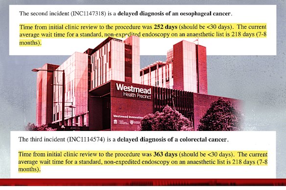 Two cases of delayed cancer diagnosis reported to Westmead Hospital management.