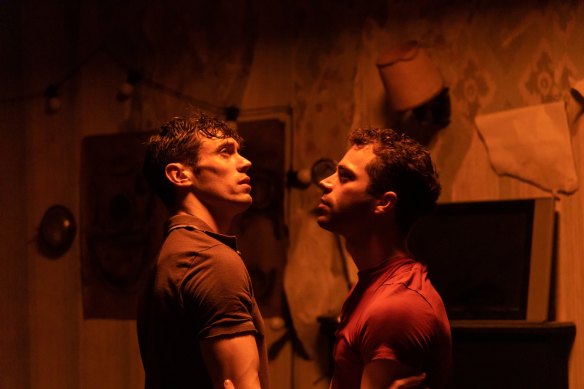 Volcano is an experimental dance-theatre piece created by Luke Murphy (left). In Brisbane, the role played by Will Thompson (pictured) is performed by Ali Goldsmith.