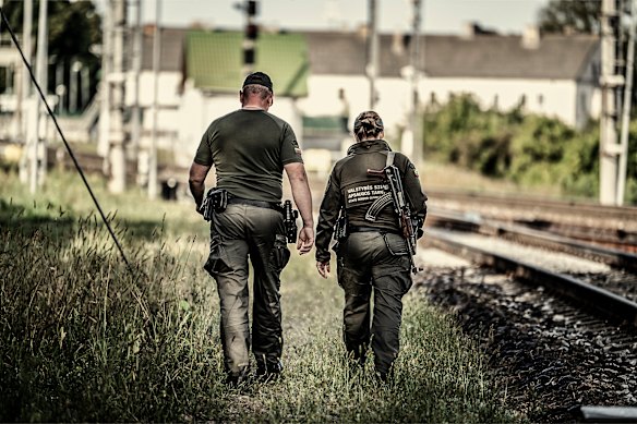 Lithuanian border guards patrol the border with Russia in 2023.