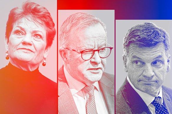 Diverging fortunes … Pauline Hanson, Anthony Albanese, and Angus Taylor. 
