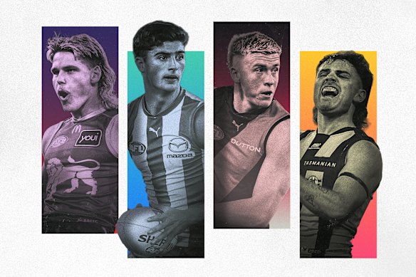 The Brisbane Lions’ Will Ashcroft, North Melbourne’s Harry Sheezel, Nate Caddy, of Essendon, and Hawthorn’s Nick Watson are among the emerging young stars of the AFL.
