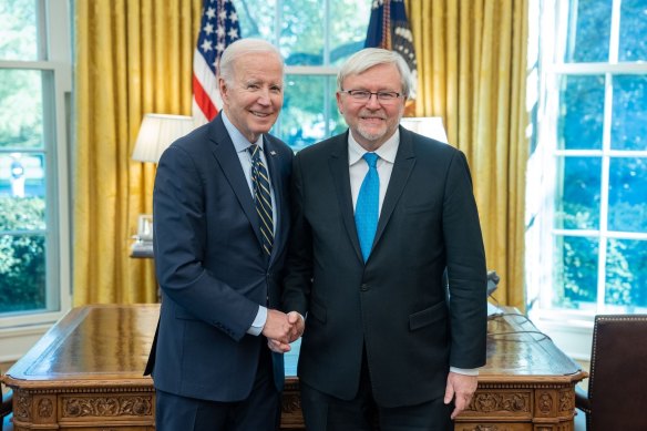 Kevin Rudd, right, with US President Joe Biden in the Oval Office.