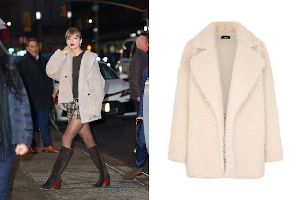 Above: Taylor Swift in New York recently; right: Bassike textured coat. 