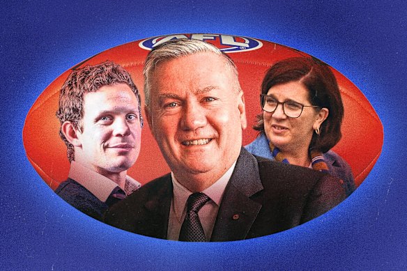 Options for the AFL Commission? From left: Former St Kilda and Collingwood player Luke Ball, former Collingwood president Eddie McGuire, and North Melbourne chair Sonja Hood.