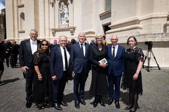 The Australian delegation at Pope Francis’ funeral: Ambassador to the Holy See Keith Pitt, Nimfa Farrell and her husband, Trade Minister Don Farrell, former deputy prime minister Michael McCormack, Governor-General Sam Mostyn and her husband, Simeon Bennett, and ambassador to Italy Julianne Crowley.