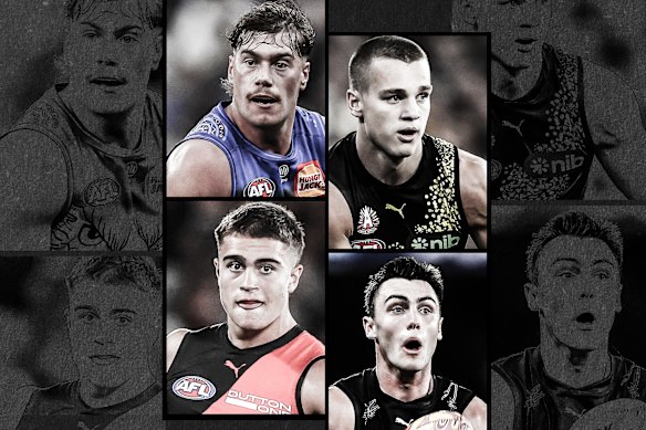 Some of the brightest young stars of four fallen powerhouses (clockwise from top left): Harley Reid (West Coast), Sam Lalor (Richmond), Jagga Smith (Carlton) and Sullivan Robey (Essendon).