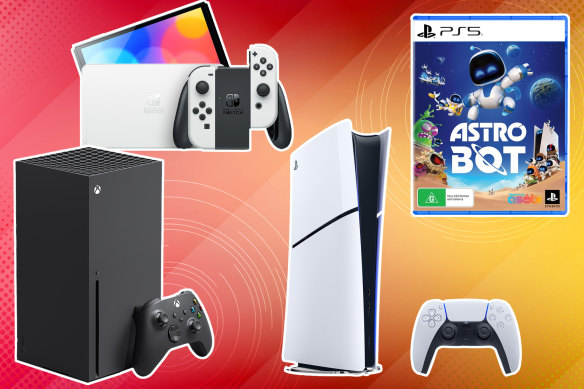 From left: Xbox Series X; Nintendo Switch OLED; PlayStation 5 Digital Edition; Astro Bot.