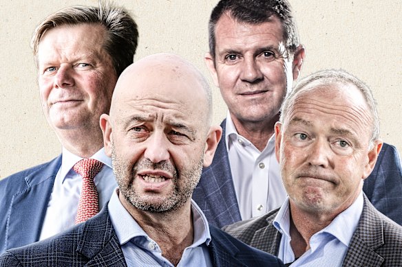 Cricket NSW’s John Knox (left) and Lee Germon (right) want Cricket Australia’s Todd Greenberg (second from left) and Mike Baird to consider their proposal to protect the independence of the BBL.