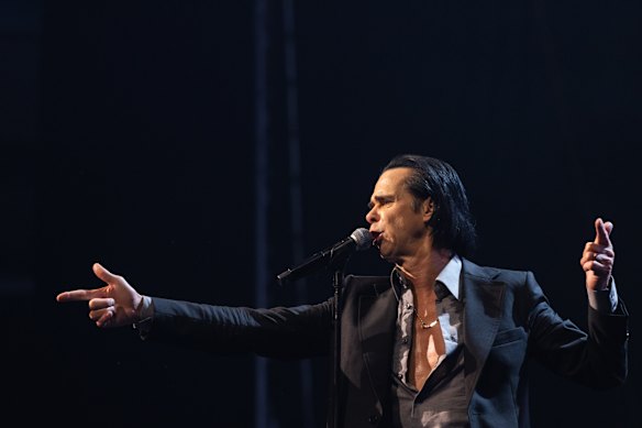 Nick Cave performing in London with the Bad Seeds in an earlier show on this tour.