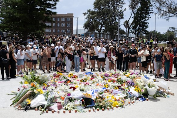 Flowers laid outside Bondi Pavilion on Monday.