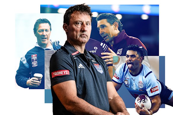 The key Origin players: Laurie Daley, his advisor Craig Bellamy, rival Billy Slater and superstar Latrell Mitchell.
