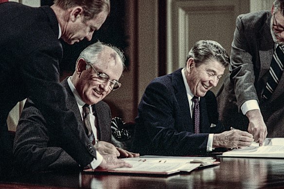 Then Soviet leader Mikhail Gorbachev and US president Ronald Reagan sign the Intermediate Nuclear Forces Reduction Treaty in Washington in 1987.