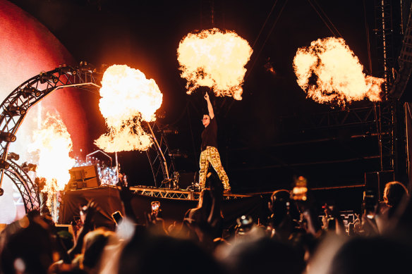 DJ and music producer Diplo gets the crowd going at Field Day 2023, with a little help from some flamethrowers. 