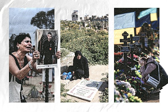 From left: Rachel Moshe mourns her son Oz Ezra, killed by Hamas at the Nova music festival on October 7, 2023; a woman grieves at the graves of loved ones in Gaza City on March 20 this year;  a mother mourns at the grave of her only son, killed during a Russian bombing raid on Ukraine in October 2022. 