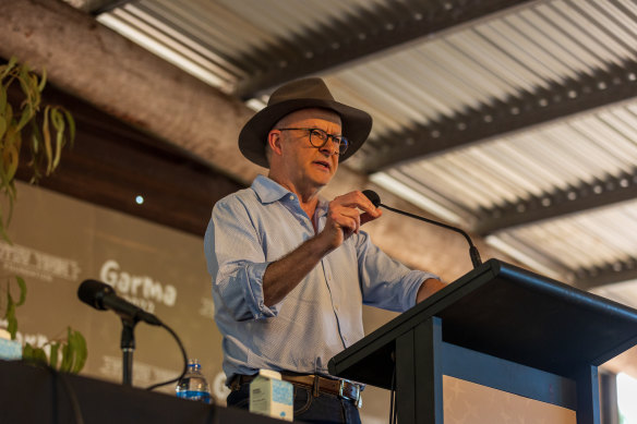 Prime Minister Anthony Albanese speaks during the Garma Festival at Gulkula in north-east Arnhem Land on Saturday.