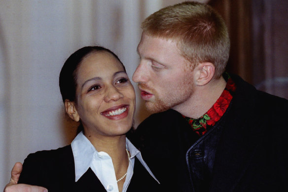 Boris Becker kisses his wife Barbara Feltus in Germany in 1993.