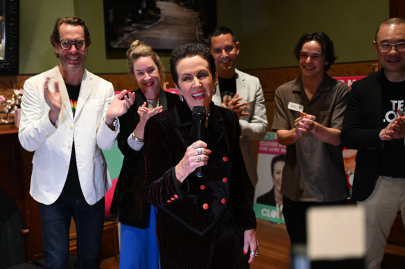 Clover Moore celebrates another term as Sydney lord mayor at her election party at the ArtHouse Hotel on Saturday night.