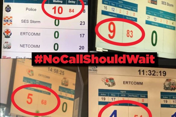 Ambulance Employees Australia shared on its Facebook in 2019 images of screens showing numerous police and ambulance calls waiting to be picked up.