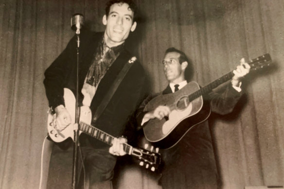 Carl Perkins (pictured at front), with his brother Jay. Carl wrote and recorded Blue Suede Shoes in late 1955. Months later, he was in a car accident, and Elvis Presley’s take on the song gained momentum.