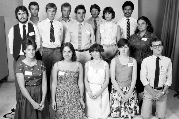 The Sydney Morning Herald’s cadet intake for 1982. From left (back row). Paul Loudon, Peter Hartcher, David Monaghan, Stephen Rice, Peter Denton, Andrew Keenan, Belinda Chayko, John Hill and Jenna Price.
From left (front row), Amanda Buckley, Anne Hayward, Samantha Harrison, Patricia Sheahan and Stephen Hutcheon.