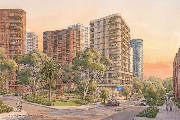 A visualisation of the Bondi Road east gateway from the Bondi Junction master plan.