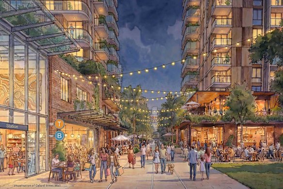 An artist’s impression of how Oxford Street Mall would look, in a visualisation from the Bondi Junction master plan.