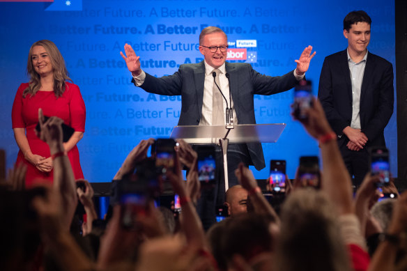 Labor leader Anthony Albanese claims victory in the 2022 federal election.