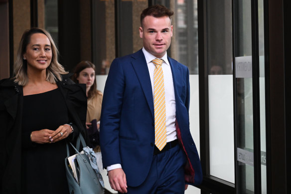 Taking matters in his stride: Taylor Auerbach leaves Federal Court on Friday, with his solicitor Rebekah Giles by his side.