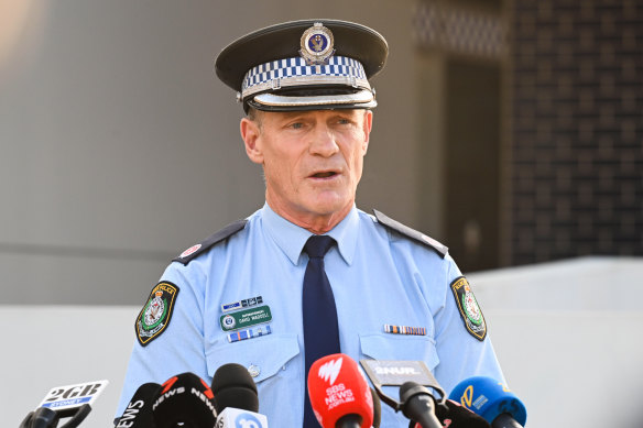 Superintendent David Waddell speaks outside Cessnock Police Station on Tuesday morning.