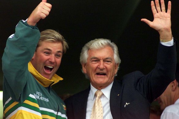 Shane Warne celebrates with former prime minister Bob Hawke at Lords after winning the 1999 World Cup.