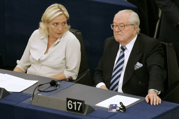 Jean-Marie Le Pen, right, and his daughter Marine Le Pen in the European Parliament in Strasbourg in 2009. Despite rallying against the European Unio<em></em>n, both Le Pens sat in its parliament.