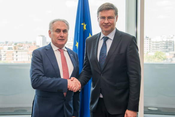 Trade Minister Don Farrell with the European Commissioner for Trade Valdis Dombrovskis in Brussels last month.