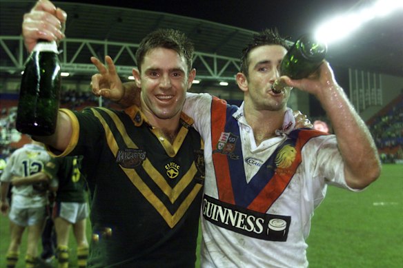 Winners are grinners: Brad Fittler and Andrew Johns celebrate winning the 2001 Ashes at Wigan.