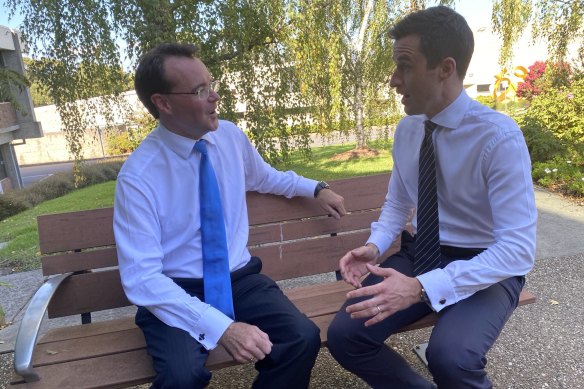 Victorian Opposition Leader Michael O'Brien chats with the party's Eastern Metropolitan MP Matthew Bach.