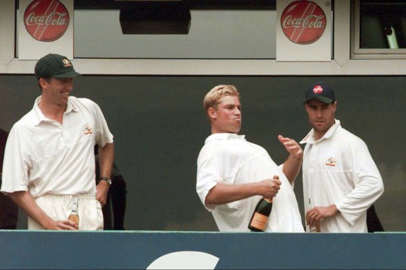Shane Warne celebrating victory over England at the Old Trafford in Manchester in 1997.