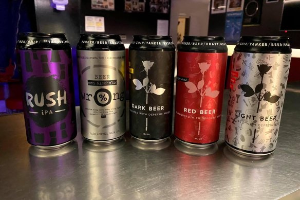 Depeche Mode-themed beers at the bar.