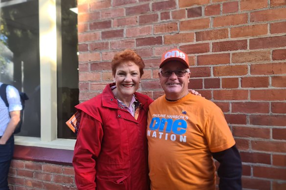 One Nation leader Pauline Hanson stood by Allan Beale. She is pictured here with him at the North Albury pre-polling centre