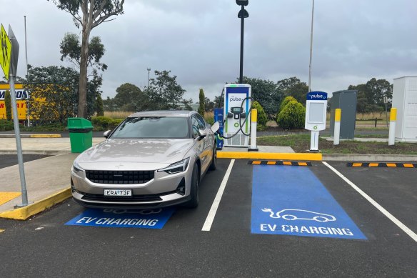 James Massola’s borrowed Polestar 2 charging near Goulburn.