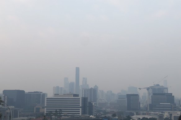 A smoke haze blanketting Brisbane’s CBD this week.