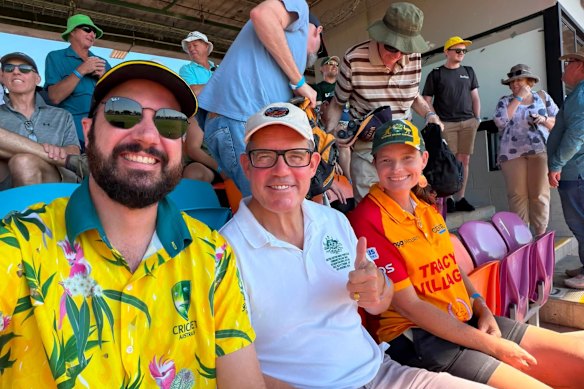 Federal MP Luke Gosling, centre, at the TIO Stadium in Darwin on August 14.
