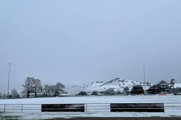 Snowfall was reported in some areas, with the Omeo-Benambra Football Netball Club sharing images of their home ground coated in snow. 