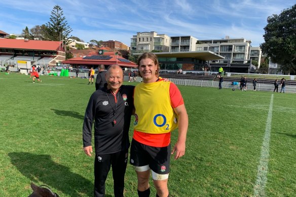 Eddie Jones and Christian Poidevin pose at Engand training at Coogee Oval.